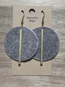 GENUINE Leather Backed Denim Circle Cut Earrings w/ Gold Finding 2" Black - Picture 1 of 1