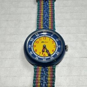 Swatch FLIK FLAK Retro Aluminum Blue Yellow Wristwatch, Blue Mix Band Swiss 1988 - Picture 1 of 13