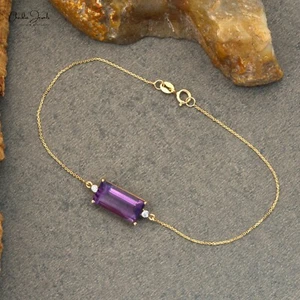 14k Yellow Gold 6 CT Baguette Amethyst & Diamond Accent Chain Bracelet For Women - Picture 1 of 12