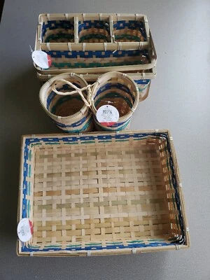 3 Wicker Caddy Basket. Large Tray, 2 Round & 4 Compartment Blue & Teal Stripes. - Image 1 of 3