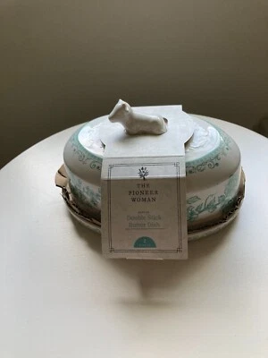Plato de mantequilla doble barra de vaca Agatha Pioneer Woman floral verde blanco gres Foto 1 de 3