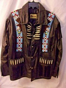 Classyak Western Tribal giacca pelle nera frange perline taglia large nuova - Foto 1 di 5