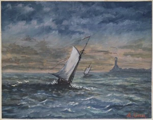 Painting Watercolor Picture Acquerello "Barche in Mare" epoca 1800 Miniatura - Foto 1 di 3