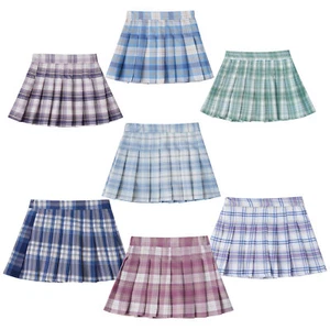 Girls Plaid A-Line Pleated Skirt Elastic Waist Casual Skater Tennis Mini Skirts - Picture 1 of 52