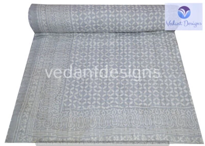 Colcha rainha/dupla arte indiana Kantha feita à mão bloco cobertor reversível lance - Imagem 1 de 4