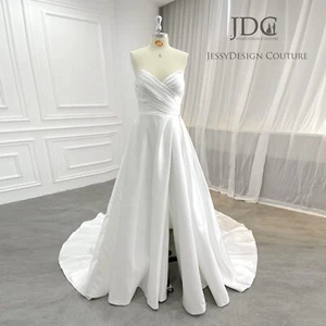 Clean Satin Wedding Dress Bridal dress Custom made Plus Size White Buttons Slit - Picture 1 of 8