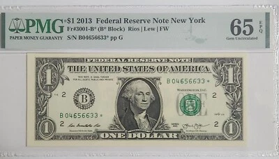 2013 B Duplicate Star Note Error One Dollar Bill B04656633* 65 EPQ FW - Image 1 of 2