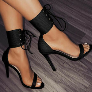 Women Sexy Ankle Strap Cross Shoes Open Toe High Heels Stiletto Lace Up Sandals