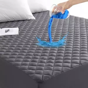 GRT King Size Grey Quilted Fitted Mattress Pad, 100% Waterproof Breathable Mattr - Picture 1 of 2