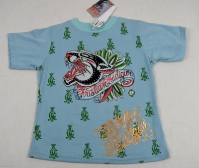 Vintage T-Shirt Christian Audigier Size XS/S 00s Panther on Blue c.2008 Exhibit - Image 1 of 4