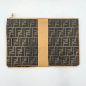 Fendi Zucca FF Logo Monogram Brown Canvas w/ Leather Trim Large Pouch Clutch Bag - Picture 1 of 10