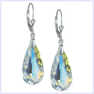 STR Silver Faceted Clear Teardrop Leverback Earring made w/ Swarovski Elements - Picture 1 of 5