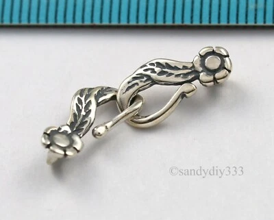 1x OXIDIZED STERLING SILVER ROSE FLOWER LEAF FISH EYE HOOK CLASP 24mm #595 - Image 1 of 3