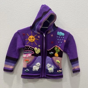 Peruvian Girls Sz 4 Alpaca Cross Knitted Hand Made Hooded Multicolor Sweater Zip - Picture 1 of 15