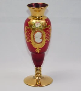 Vtg Antique 6.5" Ruby Glass Vase Gold Overlay Cameo Handpainted Raised Flowers - Picture 1 of 10