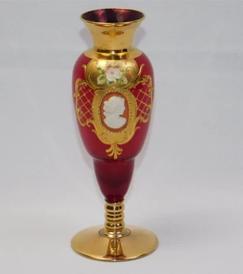 Vtg Antique 6.5" Ruby Glass Vase Gold Overlay Cameo Handpainted Raised Flowers - Image 1 of 4