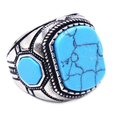 Anillo de boda tribal turquesa vintage de acero inoxidable para hombres y mujeres anillo de motociclista retro Foto 1 de 4