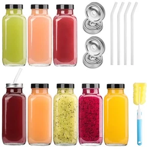 8 Pack 16 OZ Glass Juice Bottles with Airtight Lids & 4 Straws & 4 Lids w Hol... - Picture 1 of 8