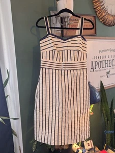 Tory Burch Kinsley Nautical Stripe Dress Sundress A Line Cream White Navy Sz 2 - Picture 1 of 15