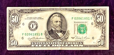 1981 $50 Bill with Errors - Off Center Green Seal and Bleedthrough on Backside - Image 1 of 2