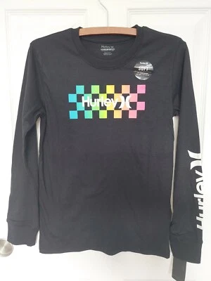 BOYS HURLEY CHECKER LONG SLEEVE TEE BLACK SIZE LARGE LOGO NWT - Image 1 of 4