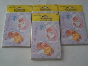 4 PACKS  VINTAGE WISHING WELL BABY CHRISTENING INVITATIONS - TEDDY BEARS - Picture 1 of 2