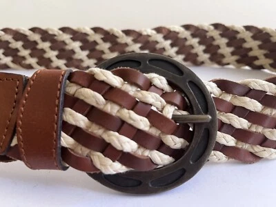 "Cinturón boho de ratán de cuero coñac trenzado con hebilla de herradura FREE PEOPLE L/XL 45""" Foto 1 de 4