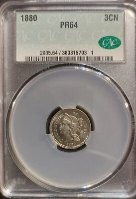 ✰ 1880 PROOF US 3c 3 CENT NICKEL Coin JUST GRADED New CAC PR64 Slabbed Lovely ✰ - Image 1 of 4