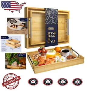 Modern Nesting Bamboo Serving Trays with Elegant Silver Handles - 12x17 & 10x15 - Picture 1 of 9