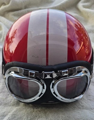 Vintage Used Motorcycle Helmet Red w/White Strip Size XL w/ goggles Indian - Image 1 of 4