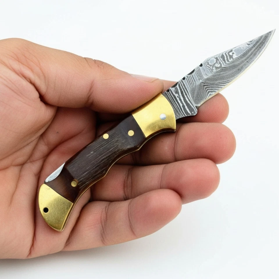 Faca de bolso forjada à mão aço Damasco Lockback cabo de chifre de ram dobrável EDC - Imagem 1 de 4