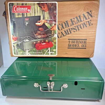 Coleman Two Burner Green Propane Camp Stove with Original Box 413G499 Used Once - Image 1 of 4