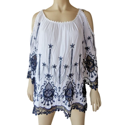 Tempo Paris Talla XL Bordada Floral Blanca Campesina Túnica Top Pullover Camisa Foto 1 de 4