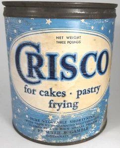 Crisco Can with Star Design 3 LB Metal Can with Paper Label and Lid RARE Vintage - Picture 1 of 8