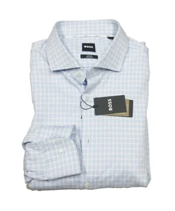 Boss Hugo Boss Men's Blue Check Hank Spread Easy Iron Slim Fit Dress Shirt - Picture 1 of 2
