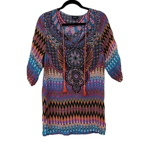 tolani multicolor top silk pattered 3/4 sleeve womens tassel detail dress Size: - Picture 1 of 8