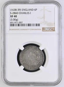 England - 1638-39 Charles I - 6 Pence - NGC XF 45 - SOFT GREY TONING! - Picture 1 of 4