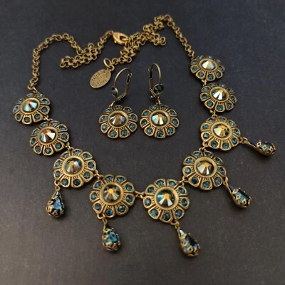 Michal Negrin Set Sapphire Blue Tone Crystals Metallic Earrings Necklace Royal - Image 1 of 4