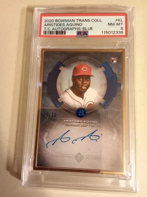 2020 Bowman TRANSCENDENT Aristides Aquino #7/10 BLUE AUTOGRAPH #BTA-KL PSA 8 - Image 1 of 2