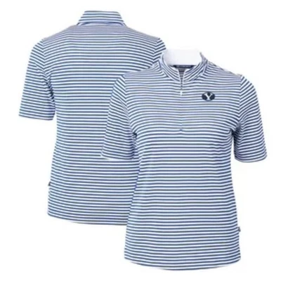 Top BYU Cutter & Buck Azul Marino Rayas Virtue Eco Piqué Para Mujer 1/4 Cremallera Pequeño Foto 1 de 4