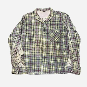 Vintage 1950s Green Pattern Plaid Cotton Printed Loop Collar Shirt Flannel M - Picture 1 of 5