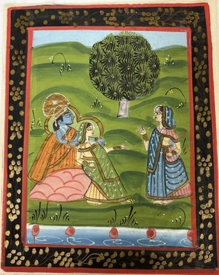 Radha Krishna pintura a mano miniatura arte religioso indio sobre tela de seda 10”x 8” Foto 1 de 2