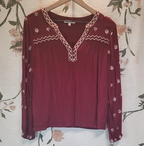 Skys Are Blue Burgundy Boho Embroidered Long Sleeve Blouse Size M - Picture 1 of 7
