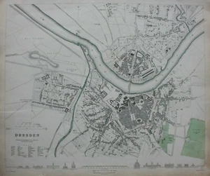 PLANO DE LA CIUDAD DE DRESDE, ELBE, ALEMANIA, mapa antiguo original, SDUK, 1844 - Imagen 1 de 5