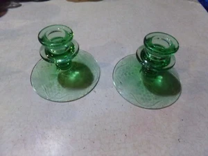 2 Vintage Fostoria Glass Green Brocade Grapes Candlesticks Candle Holders - Picture 1 of 3