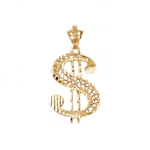 14K Solid Yellow Gold Dollar Sign Pendant - $ Money Dia Cut Necklace Charm Men - Picture 1 of 1