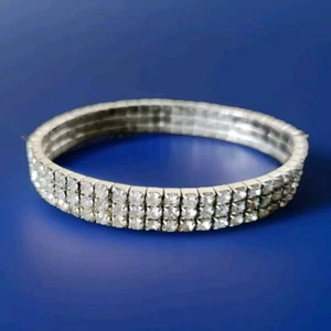 Stunning Three Row Clear Rhinestones Silver Tone Stretch Bracelet Vintage 7/16"W - Picture 1 of 5