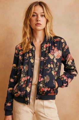 Chaqueta Bomber Floral Saks Fifth Avenue Para Mujer Mediana Azul Marino Rosa Flores Hada Foto 1 de 4
