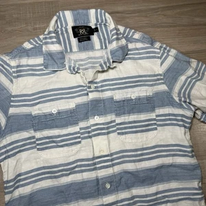 RRL Ralph Lauren Linen Blend Camp Collar Shirt Sz M Striped Blue White Vintage - Picture 1 of 6
