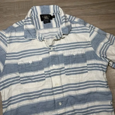 RRL Ralph Lauren Linen Blend Camp Collar Shirt Sz M Striped Blue White Vintage - Image 1 of 4